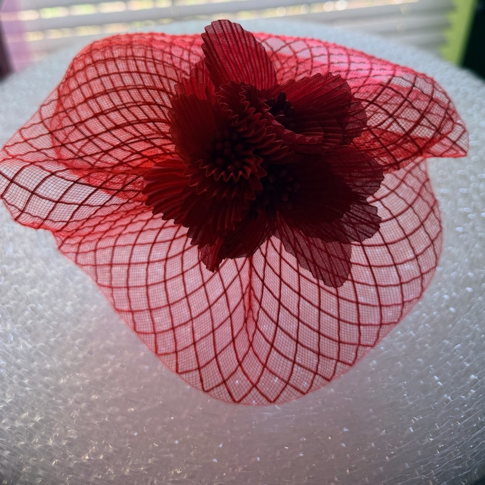 Red Floral Fascinator Hat Elegant Church Tea Party Derby Headpiece